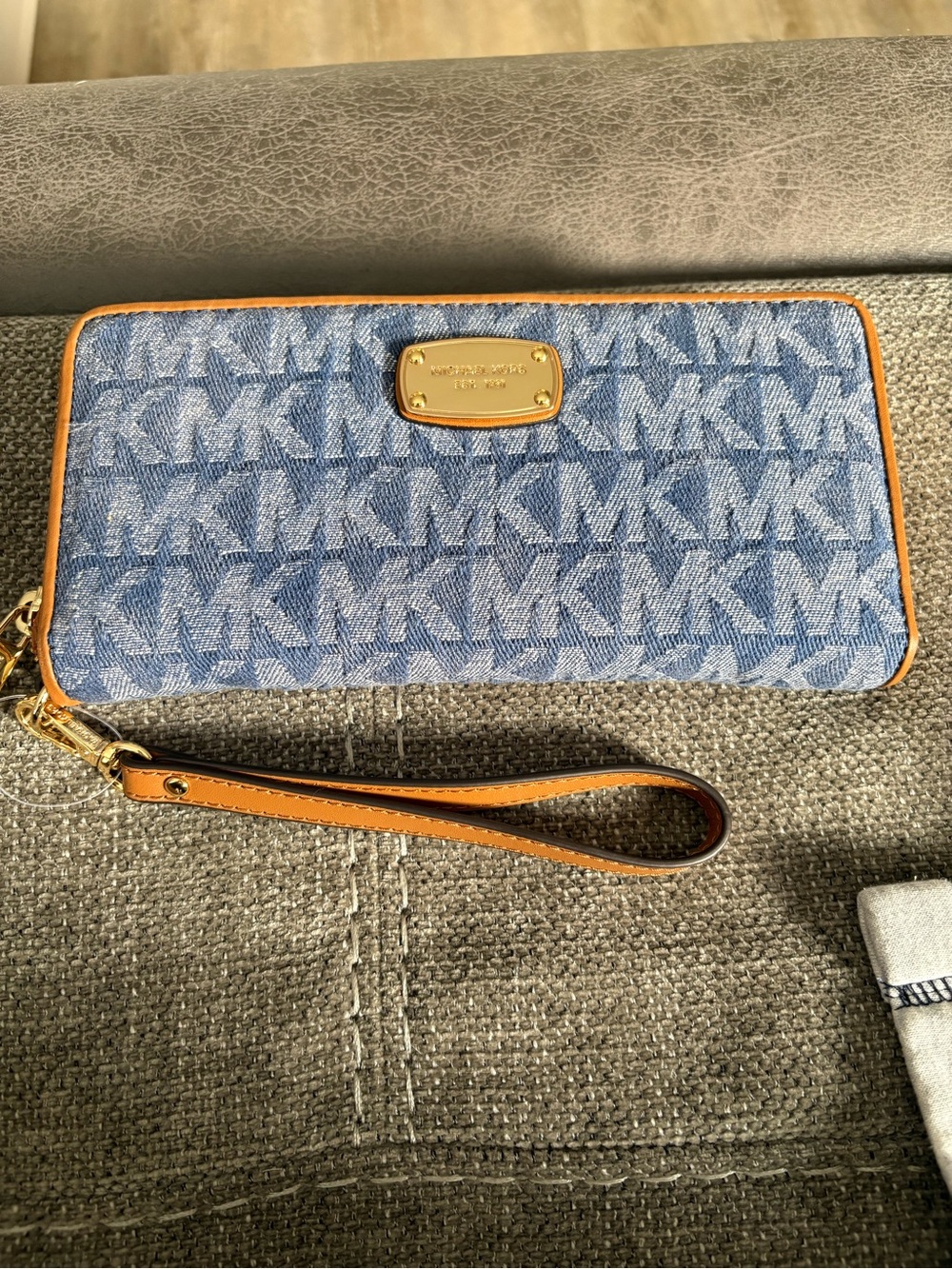 Michael Kors Blue Jean Signature Wristlet with Tan Trim and Gold Plate